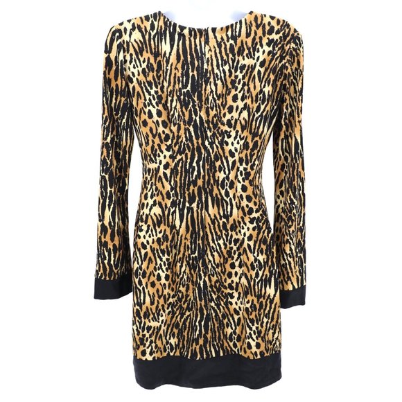 Cache Leopard Animal Print Silk Cocktail Long Sleeve Scoop Neck Above Knee Dress - Picture 1 of 12